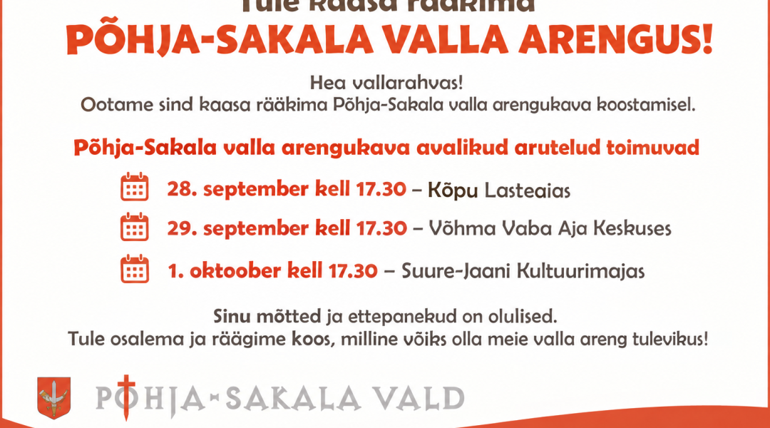 Arengukava avalikud arutelud:  28. september Kõpu Lasteaias 29. september Võhma Vaba Aja Keskuses 1. oktoober Suure-Jaani Kultuurimajas